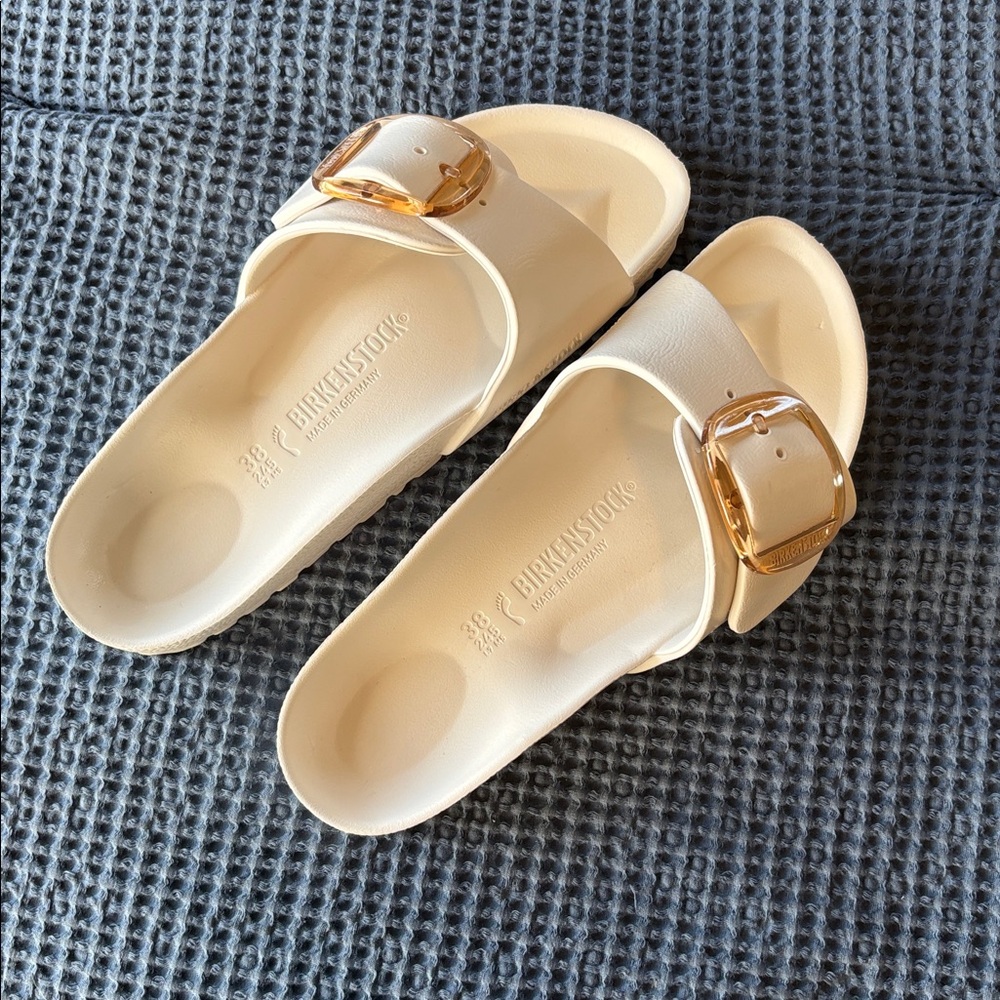 Birkenstock Madrid big buckle Eva Sandals in Eggshell with gold clear buckle